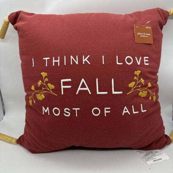 NWT FALL THROW PILLOW 18x18 In Burnt Orange Gold Tassels “I Think I Love Fall”‎ - Picture 1 of 8